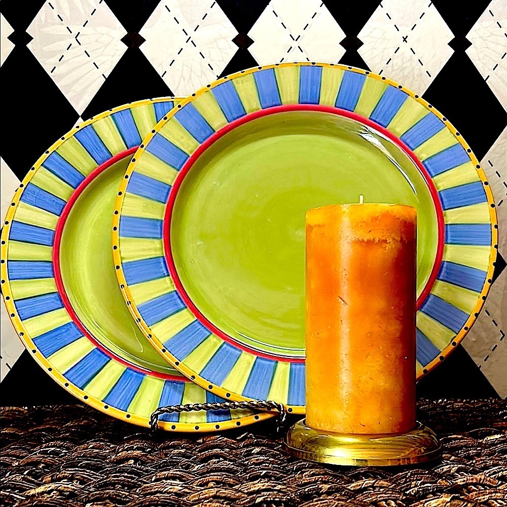 VTG Pair of Pfaltzgraff Pistoulet 12” Chop Plates – Blue & Green by Jana Kolpen - Picture 1 of 8